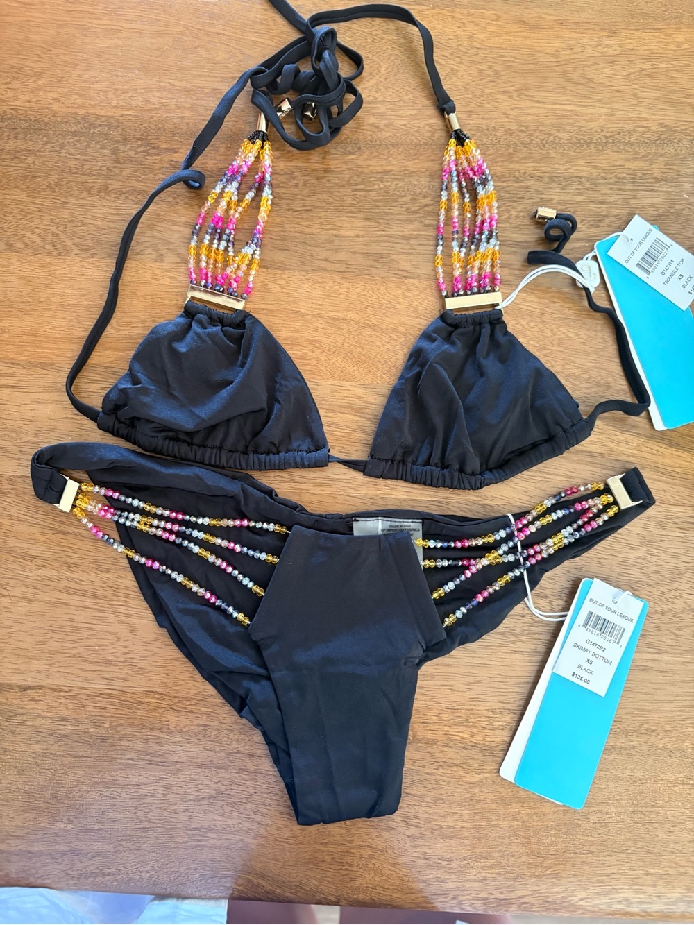 Beach Bunny Black Bikini with Pink, Yellow & Silver Bead Accents